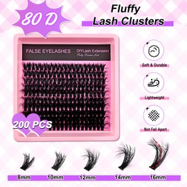 Eyelash Extensions Set, 200 Pieces, Fluffy Artificial Eyelash Clusters, Lashes Extension Set, Thick Lash Clusters, Individual Eyelash Extensions (80P)