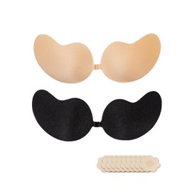 Adhesive Bra 2 Pairs Sticky Strapless Invisible Push up Bra with Nipple Covers for Backless Dresses (Black and Nude, E)
