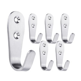 Mokife Coat Hooks Brushed Stainless Steel Pack of 6 Silver Large J Clothes Hooks Heavy Duty Wall Hooks Metal Single Hooks 3 mm Thick Multi-Purpose Hooks with Screws