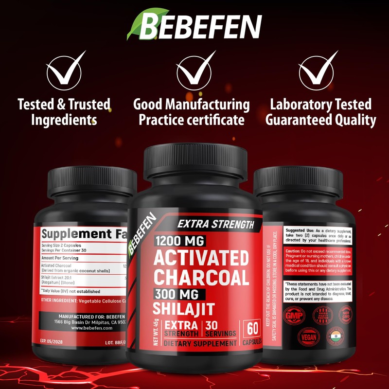 Activated Charcoal 1,200mg Per Serving by BEBEFEN | Enhanced with