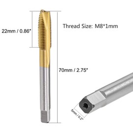 TA-VIGOR M8 x 1mm Spiral Point Plug Thread Tap, 3 Flutes Ground Threads with H2 Tolerance, HSS Titanium Coated Thread Milling Tap (Round Shank with Square End)