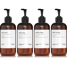 Genérico Dispensadores de jabón con Etiquetas para Elegir. para baño, Cocina, regadera, Botella Ambar y Tapa Negra. 4 dispensadores y 8 Etiquetas con Diferentes títulos.