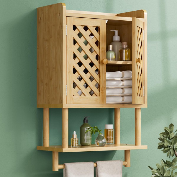 AmazerBath Bathroom Wall Cabinets, Bamboo Medicine Cabinet with Grille Door,