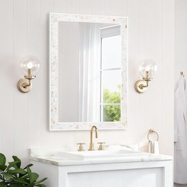 DUQIMO Mosaic Mirrors for Wall 20x28 Inch, Natural Mother of Pearl Inlay White Framed Rectangle Mirror for Bathroom, Bedroom or Entryway