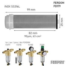 FERDM FD179 Replacement - Reserve, Mesh Stainless Steel/Filter 90 Micron - Set of 2. For Ferdom Pre-Filter FD177, FD178, FD185, FD188. Diameter Nominal 25mm, H 97mm. Also suitable for other similar