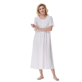 Keyocean Nightgowns for Women, Soft Cotton Pretty Comfortable Lightweight Ladies Short Sleeves Sleeping-Gown, Cream, Medium (M)