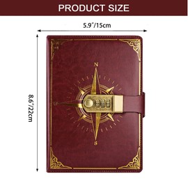 NectaRoy Vintage Travel Journal, A5 Lockable Diary(Compass Pattern), Notebook with Lock/Pen Holder/Card Slots, Office School Supplies Student Stationery, Size 8.6"x5.9"