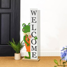 Glitzhome Welcome Sign for Front Porch, 36" H Wooden Frog Welcome Porch Decor Standing Large Signs for Home Front Door Yard Party Decorations
