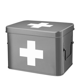Flexzion First Aid Box Organizer, Empty 8.5 Inch Gray Vintage First Aid Kit Tin Metal Medical Box First Aid Storage Box Container Bins with Dividers, Removable Tray and Cross Logo