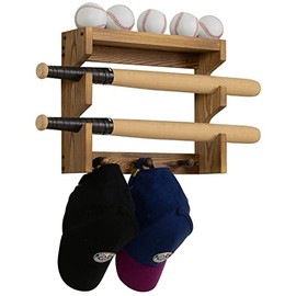 MyGift Rustic Burnt Wood Wall Mounted Baseball Hat Bat Rack and Ball Holder with Display Shelf and Cap and Coat Hooks