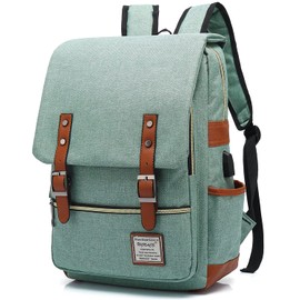UGRACE Vintage Laptop Backpack with USB Charging Port, Water Resistant Travelling Backpacks College Bag for Men Women, Fits up to 15.6Inch Laptop in Green