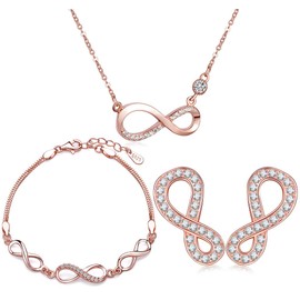 Yumilok Roségold 925 Sterling Silber Zirkonia Unendlichkeit Zeichen Charm Armband Halskette Ohrstecker Schmuck Set Armkette Kette Ohrringe Set für Damen Mädchen
