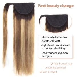 Tinashe Ponytail Human Hair Extensions Long Straight Wrap Around Ponytail Hair Pieces Remy Human Hair Clip in Ponytails Hair Extensions with Magic Paste For Women Highlight 18inch (#T1B/4/27, 18寸)