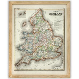 1844 England Map-Vintage Cartography for Antique Enthusiasts & History Buff-11x14 Framed Poster-Topography, Geographic Exploration, & Nautical Charm-Map Collectors Library, Study, or Living Room Decor
