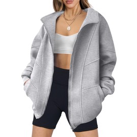ANRABESS Women's Oversized Full Zip Up Sweatshirts Jacket 2024 Fall Fleece Long Sleeve Hoodies Outfit Gray Medium