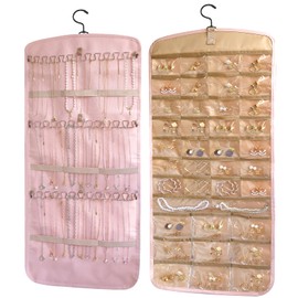 Gurajo Hanging Jewelry Organizer Doubled-sided with Pockets & Hooks for Rings, Earrings, Necklaces, Hair Accessories Storage Roll, Closet Earring Holder Organizer for Wall, Door, Travel, 1 PCS, Pink