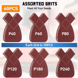 Aucenix 60Pcs Mouse Sander Pads: Detail Sanding Pads for Mouse Sander with 40/60/80/120/180/240 Mixed Grits - 4 Holes Sandpaper Sheets with Extra 2 Tips for Replacement for Black and Decker Palm