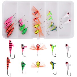 OROOTL Ice Fishing Lures Kit - 18pcs Ice Fishing Jigs Heads with Single Fishing Hooks Hard Metal Bait for Winter Ice Jigging Bass Walleye Pike Carp Catfish Trout Perch with Tackle Box