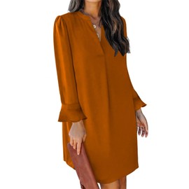 QACOHU Fall Dresses for Women 2025 Casual V Neck Long Sleeves Flowy Mini Tunic Dress Caramel L