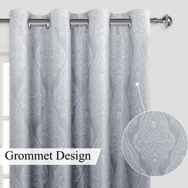 JIUZHEN Grey Ombre Blackout Curtains for Bedroom– Damask Patterned Thermal Insulated Noise Reducing Grommet Curtains with Tiebacks, 52 x 72 Inches, Set of 2 Window Curtain Panels