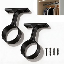 2 Pcs 1 5/16 Inch Diameter Round Wardrobe Closet Rod Suspended Center Support, with 4 Installation Screws, Ceiling Mount Curtain Rod Brackets, Heavy Duty Holder for Home Wardrobe(Black)