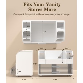 Makeup Organizer for Vanity,Countertop Cosmetic Organizer with 2 Clear Drawers & 6 Brush Holders,Large ABS Makeup Storage for Skincare,Lipsticks,Perfume,Nail Polish & Beauty Essentials,White