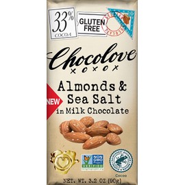Chocolove Almond & Sea Salt in Milk Chocolate, 33% Cacao | Non GMO, Rainforest Alliance Certified Cacao | 3.2oz Bar (12)
