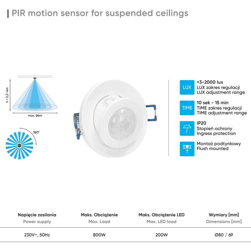 Flush-Mounted Motion Sensor Swivelling Suitable for LED