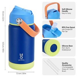 Kids Insulated Water Bottle with Straw Lid & Silicone Handle,12oz Kids Leak Proof Water Bottle for School Boys Girls,Double Wall Vacuum Stainless Steel with Non-slip Silicone Base(Dark Blue)