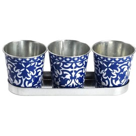 Fallen Fruits Decorative POTS ON Tray, Ideal for Herbs, Metal, Blue & White, one Size