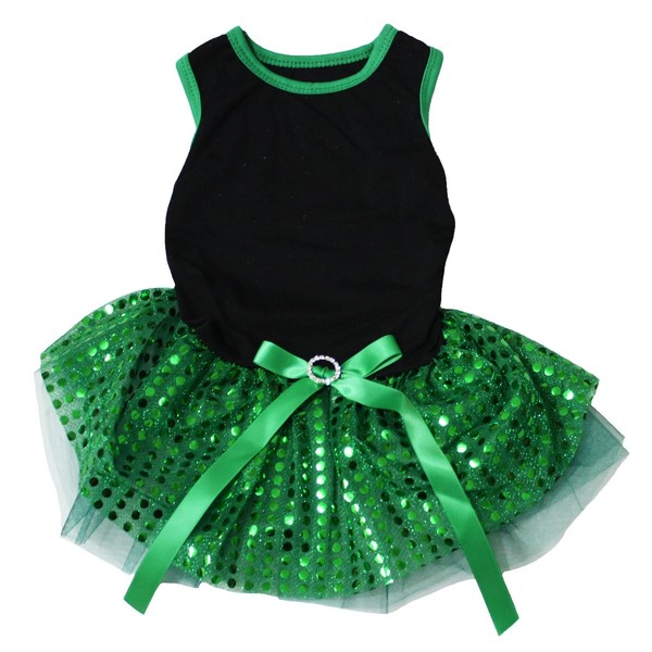 Petitebella Plain Sequins Tutu Puppy Dog Dress (Black/Green, Small)