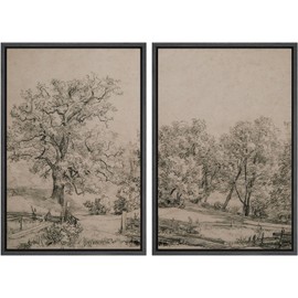 MUDECOR Framed Canvas Print Wall Art Ancient Tree and Country Road Sketch Classic Landscape Pencil Nature Wilderness Illustrations Decorative for Living Room, Bedroom, Office - 24"x36"x2 Black