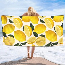 YISUMEI Microfibre Beach Towel with Yellow Lemons, Soft, Lightweight, Sandproof, Quick-Drying, XXL, 180 x 90 cm