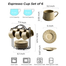 KOKUNKA Espresso Cups Set with Saucer and Metal Stand, Porcelain Small Demitasse Cups Cappuccino Cups for Espresso, Latte, Cafe Mocha, Cappuccino, and Tea, 4 oz, Set of 6, Yellow