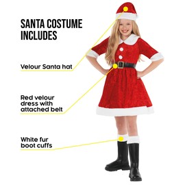 Morph Girls Santa Outfit - Mrs Claus & Kids Santa Costume, Miss Claus Outfit for Kids 7-9 Years