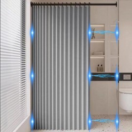 Icegrey Shower Curtain Foldable Magnetic Waterproof with Hooks, Splashproof, Accordion Anti-Mould Shower Curtain Made of Linen Polyester for Bathroom, 1 Panel, Grey, 100 x 200 cm