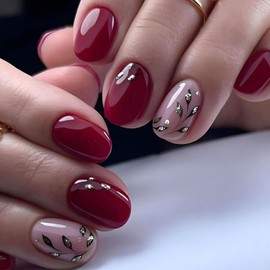 Short Press on Nails Square Fake Nails with Leaves Designs Red Full Cover Glue on Nails Press ons Glossy False Nails Acrylic Artificial Stick on Nails for Women 24 Pcs