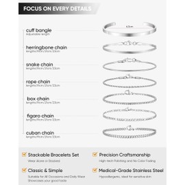 VNOX 7 PCS Silver Bracelet for Men Women - Trendy Thin Dainty Stackable Stainless Steel Link Chain Bracelets Cuban/Rope/Snake/Box/Figaro/Herringbone Cuff Bangle Bracelet Set, Mens Wrist Jewelry, 7.5