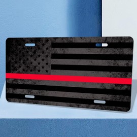 Thin Red Line American Flag License Plate Cover Retro Firefighters License Plate Funny Car Decoration Vanity Tag Stainless Steel Holder Fits Any Standard Us License Plate Frame 6.2x12.2 for Women Men