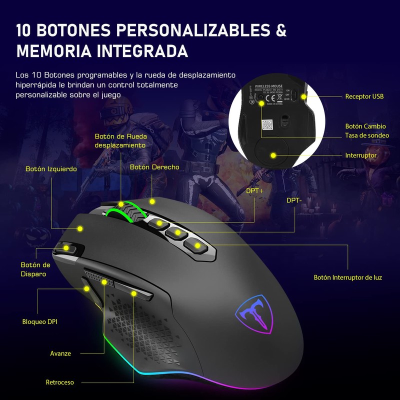 TERPORT S600 Mouse Gaming de Modo Dual Inalámbrico/Cable, 10000DPI Ratón