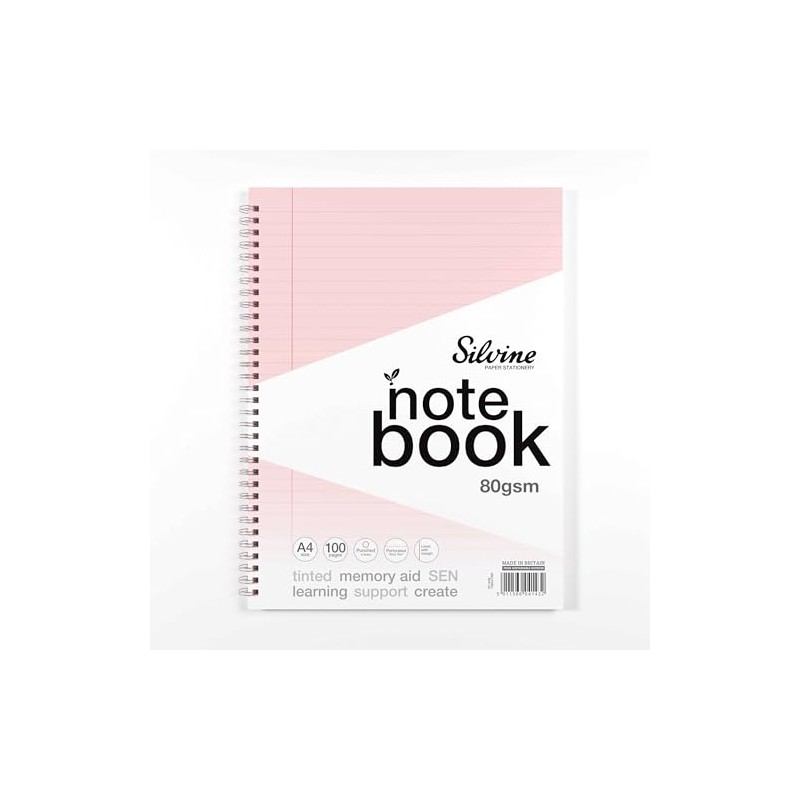 Silvine A4 Pink Paper Dyslexia Notebook - Lined with Margin