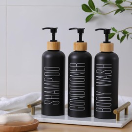Raddile 3 Soap Dispensers, Black, 500 ml Shampoo Bottles for Filling, Soap Dispenser Bathroom, Soap Dispenser Shower with Bamboo Pump for Liquid Soap, Shampoo, Lotion