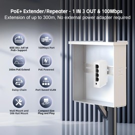 YuLinca 4 Port PoE Extender with 1 PoE in 3 PoE Out, IEEE 802.3 af/at 30W PoE Repeater with 10/100Mbps, Wall and Din Rail Mount PoE Passthrough Switch