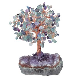 mookaitedecor Natural Fluorite Stone Crystal Tree with Amethyst Cluster Crystal Base Money Tree Figures Feng Shui Desk Decoration Meditation Table Room Decor