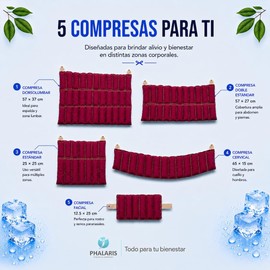 PHALARIS Kit de 5 Compresas de Semillas con Aromaterapia para Microondas y Congelador Almohadillas Térmicas Frío y Calor para Fisioterapia, Alivio de Dolor Lumbar, Espalda y Cuello Vino