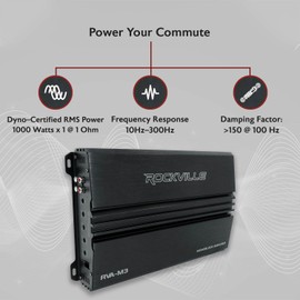 Rockville RVA-M3 V2 Mono Car Amplifier, 4000W, 1000W Dyno-Certified RMS @ 1 Ohm, Class-D, MOSFET, Bass Remote, Perfect for Subwoofers and Car Audio