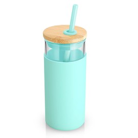 Tronco 20 oz Glass Tumbler with Lid & Straw - Iced Coffee Cup & Smoothie Cup With Silicone Sleeve | BPA-Free, Dishwasher Safe | Reusable Glass Cups with Bamboo Lids and Straws (Blessed Blue, 1 Count)