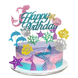 Kit de decoración para tartas de cumpleaños de sirena, decoración con temática de océano brillante con decoración de feliz cumpleaños y 12 coloridas púas para cupcakes de sirena, ideal para decoración de fiesta de cumpleaños de sirena para niñas