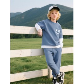 Voxikidio Size 5 6 Years Boys Fashion Clothes Longsleeve Sweatshirt Pants Set Fall Winter Outfits Set Blue(5-6Y)