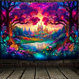 WIERAEM Schwarzlicht Wandteppich Wald Uv Psychedelic Wandtuch Natur Baum Burg Trippy WandtüCher SchöNe Bunt Fluoreszierende Tapestry Deko Groß 230x180cm